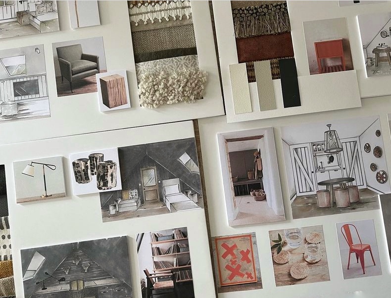 Interior design mood boards and sketches showing the creative design process
