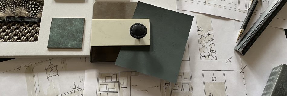 Interior design process showing fabric samples, material finishes and architectural drawings