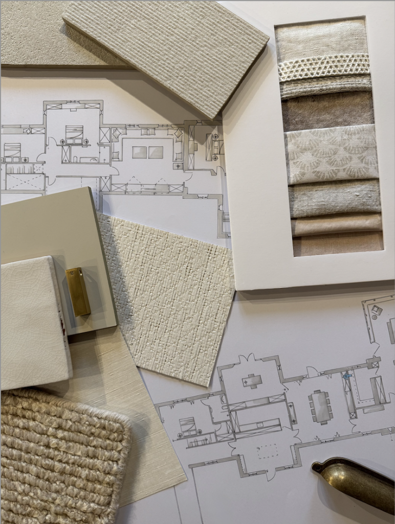 Early-stage interior design concept with floor plans, material samples and texture studies, illustrating the discovery and concept phase of a residential project.