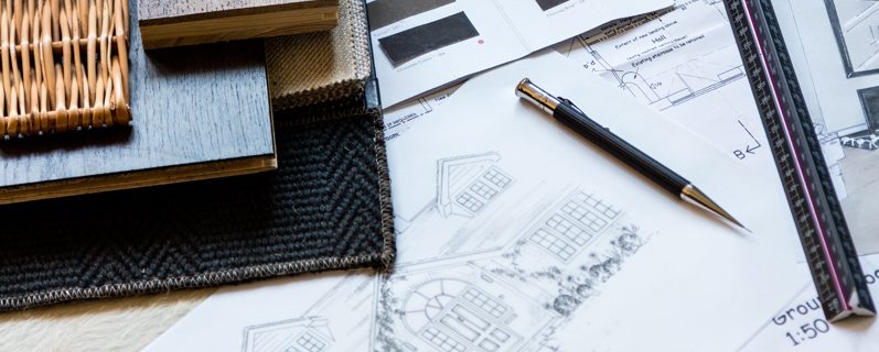 Hand-drawn interior design sketch by Studio Bellord showing early concept drawings and material samples